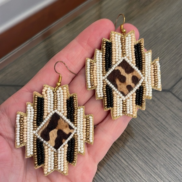 Aztec Shape, Seed Bead, Animal Pattern Fur, Fabric Earrings - Picture 11 of 13